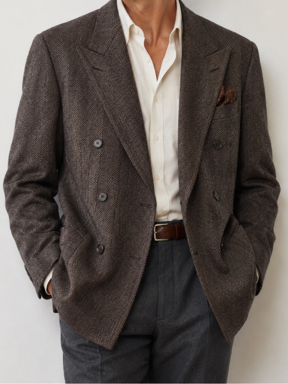 Ermenegildo Zegna Double-Breasted Herringbone Wool Silk Blazer Italy 42R